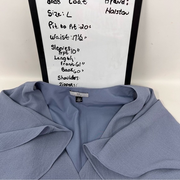 Halston Dusty Blue V Neck Ruffle Split Maxi Wrap Dress Gown Size L Short Sleeve - Picture 7 of 13